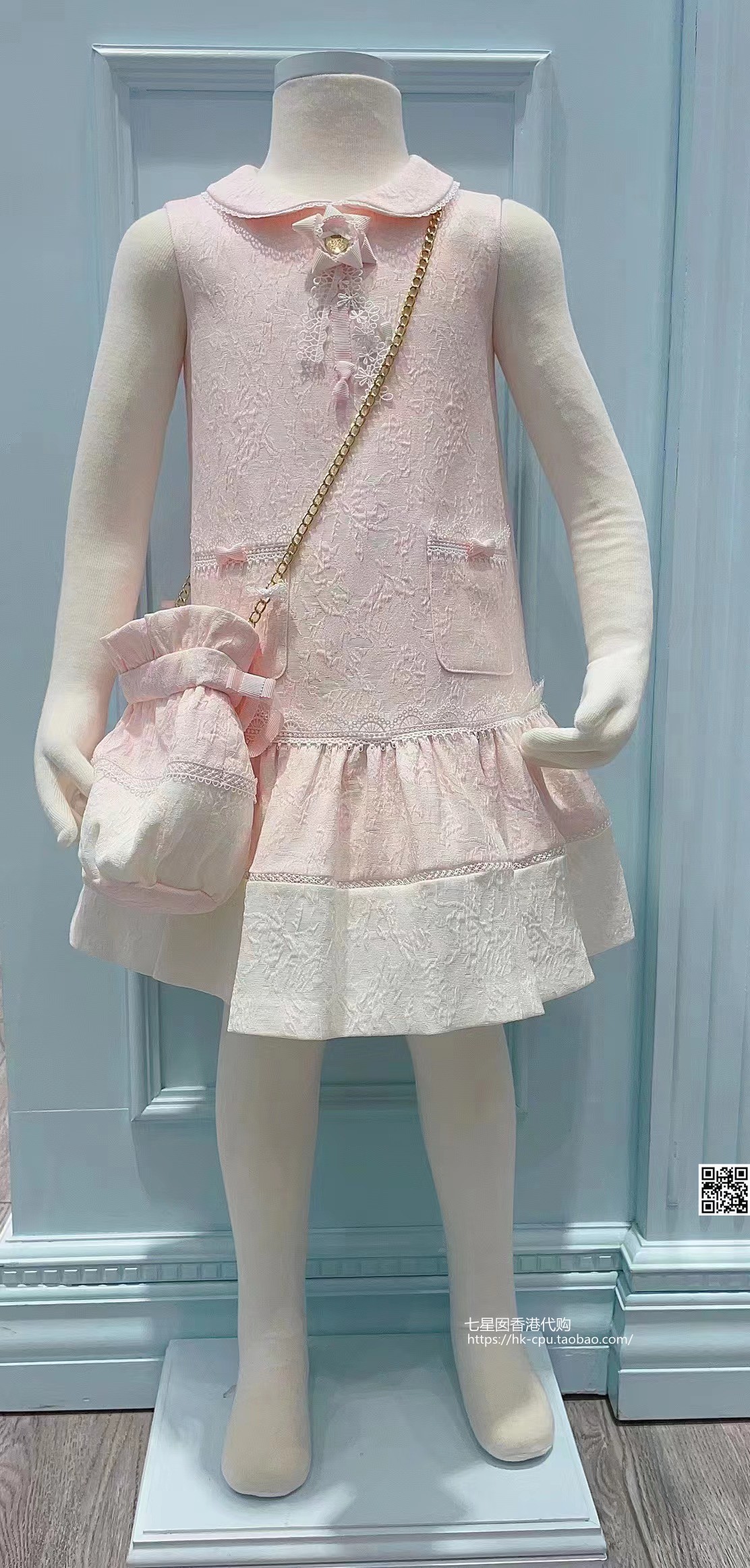 23夏季新品甜美娃娃领女童精致提花无袖公主连衣裙力高芘熊代购