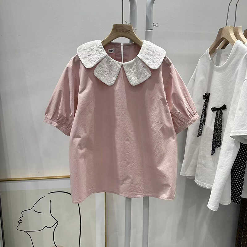 韩版夏季新款小清新甜美蕾丝花瓣领时尚娃娃领衬衫女粉色上衣大码