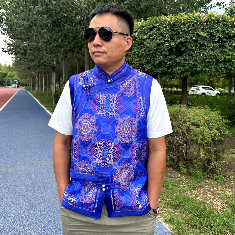 民族特色男士手工马甲蒙古传统高档里衬坎肩蓝色白色双面背心包邮
