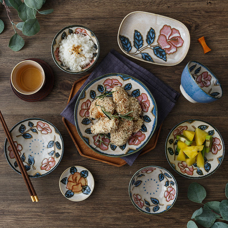 美浓烧日本进口餐具冲绳玫瑰花陶瓷碗盘碟家用组合套装米饭碗乔迁
