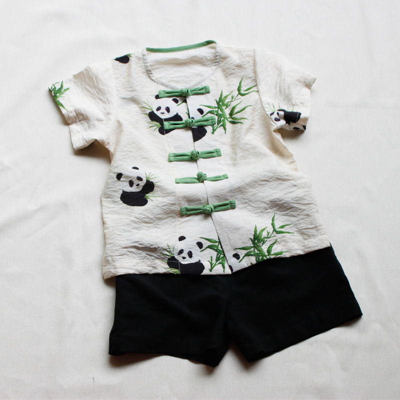 儿童唐装套装垂感薄软熊猫国风改良新中式短裤短袖汉服男孩古风新