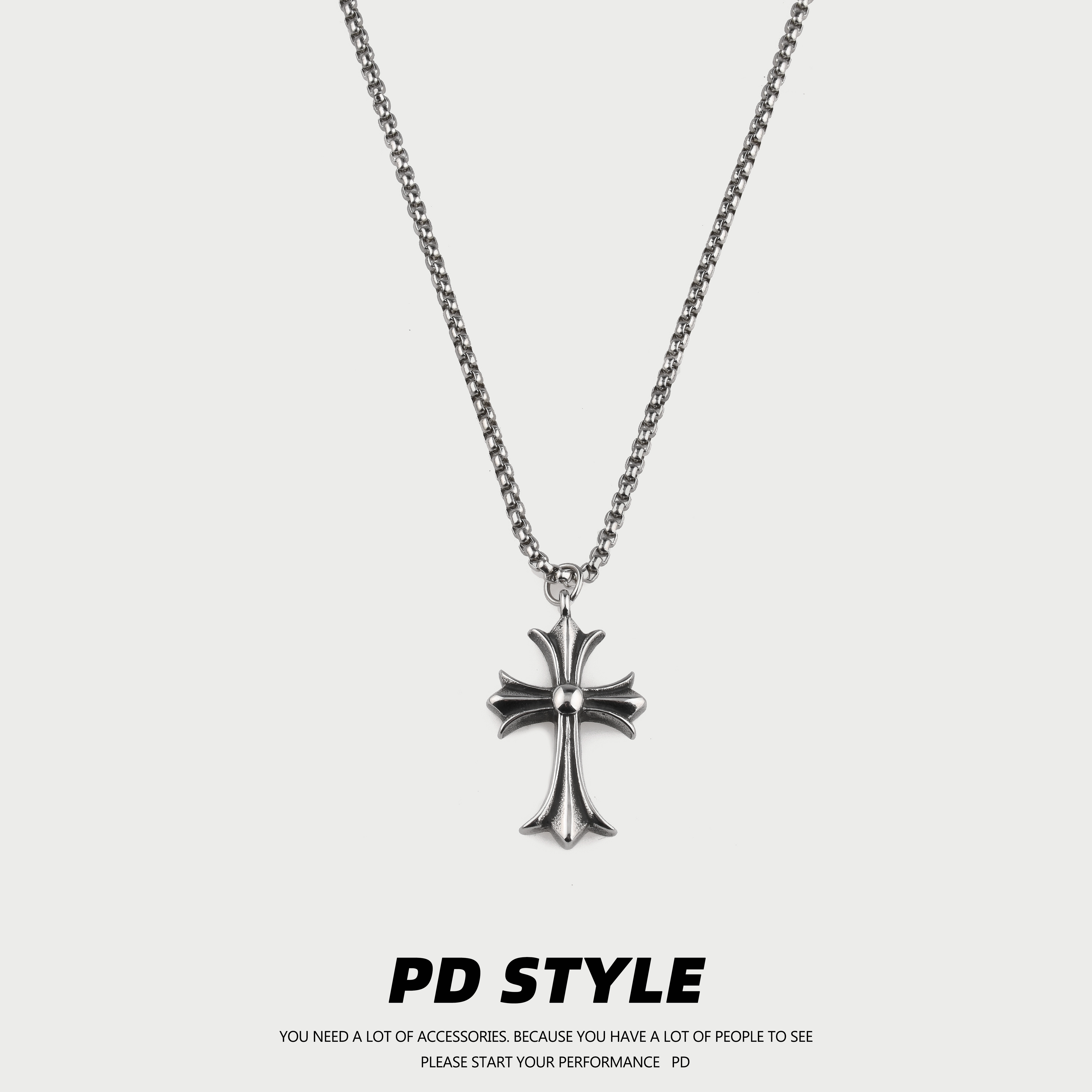 PDSTYLE 欧美风复古克洛十字架项链男女生高级感钛钢吊坠不掉色潮