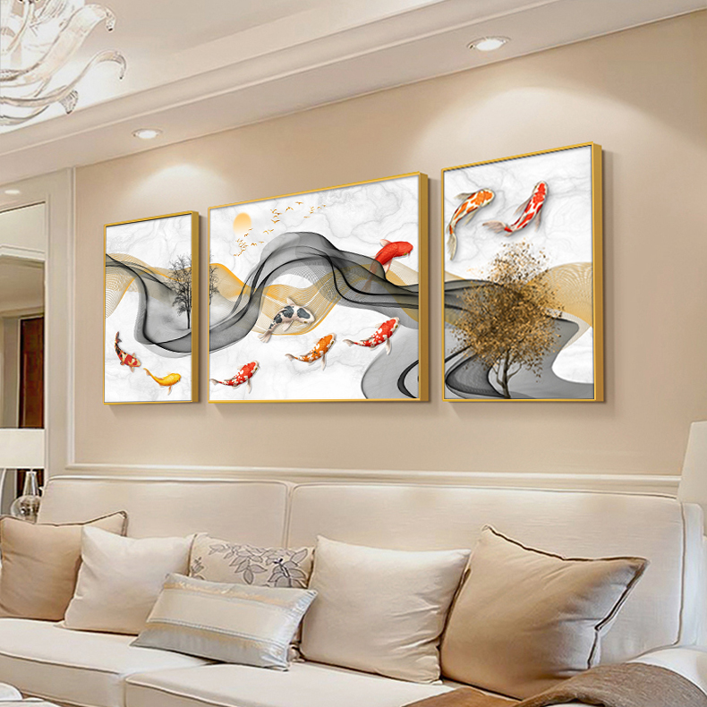 网红鱼图三联奢画欧式客厅气装饰沙发背景墙挂画现代轻大抽画象壁