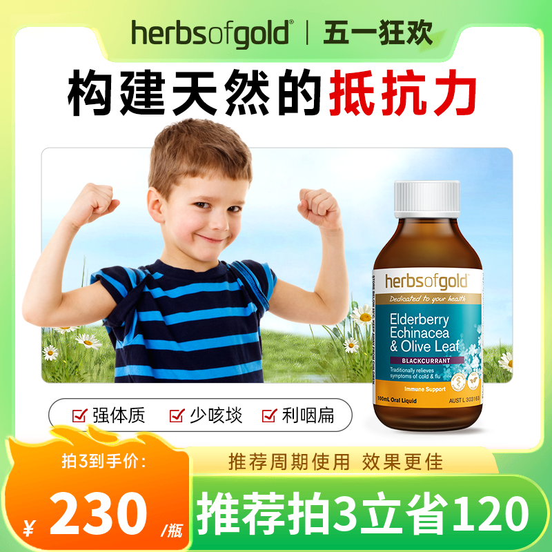 和丽康herbsofgold黑接骨木莓儿童抵抗力成人免疫力糖浆营养品液