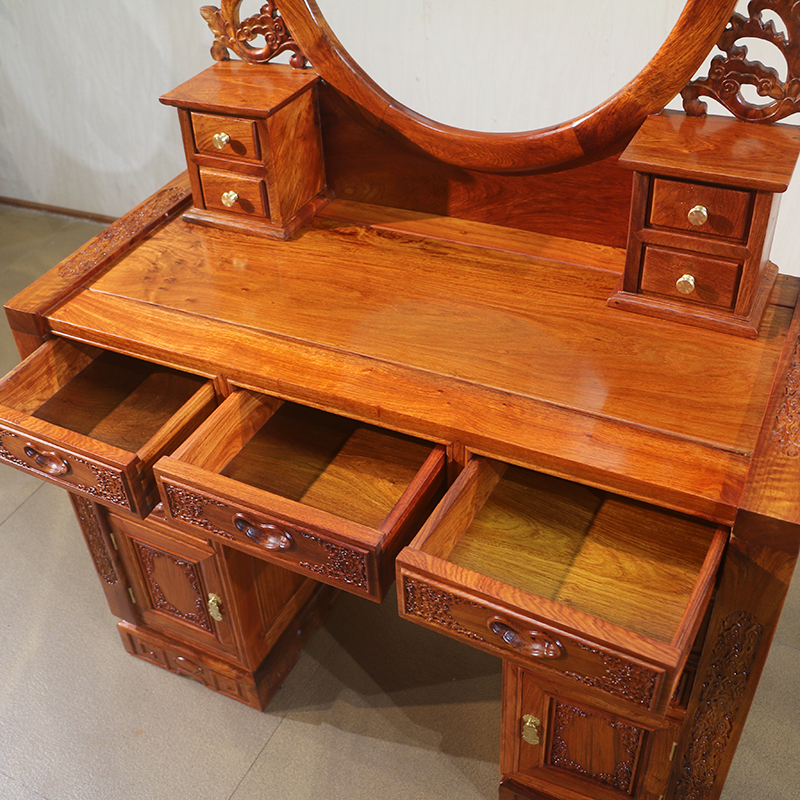 琪韵中式古典红木梳化妆桌椅组合 缅甸花梨木家具卧室实木梳妆L台
