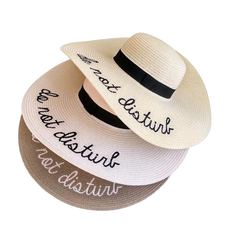 帽子夏季遮阳帽女士 字母刺绣大檐草帽韩版可折叠沙滩太阳帽