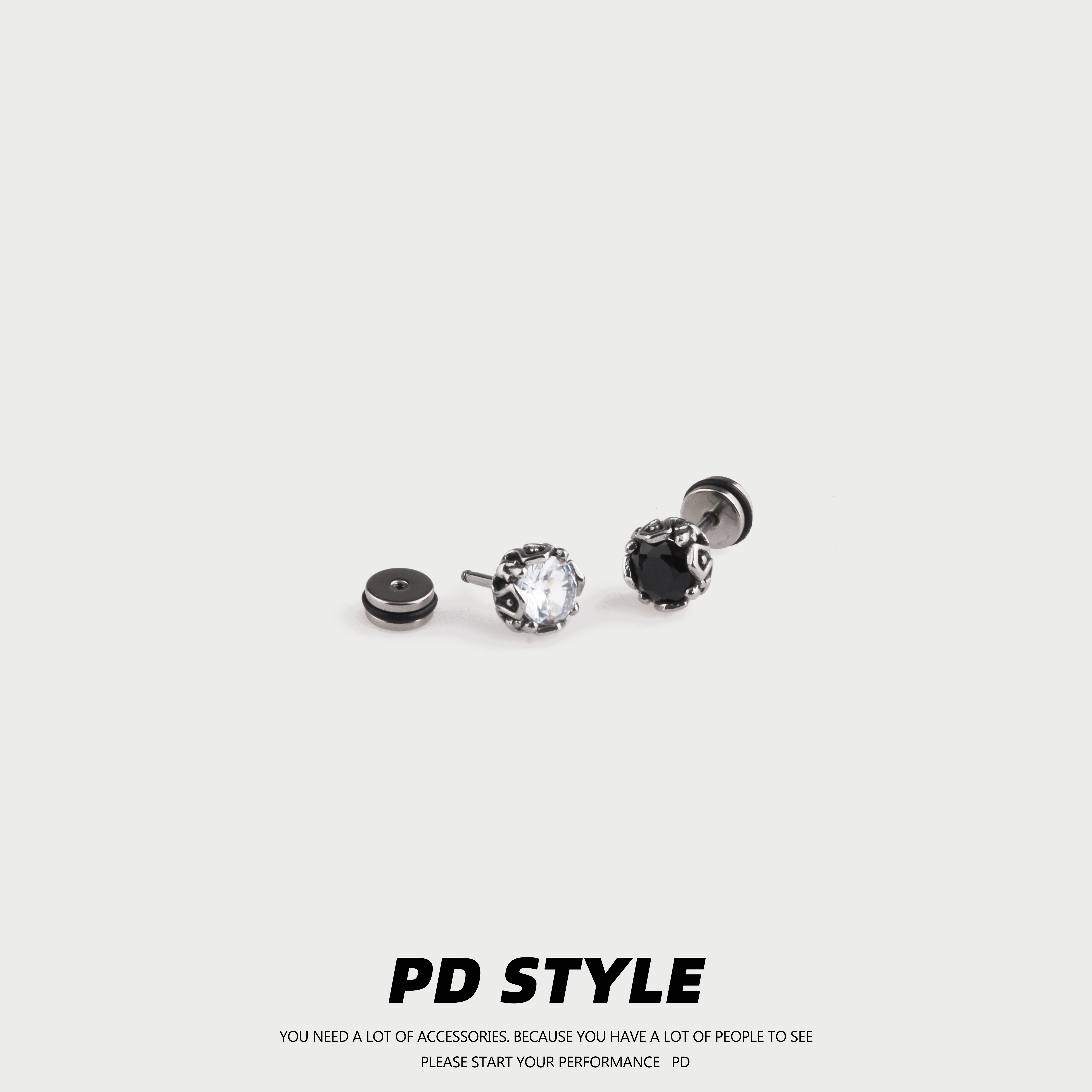 PDSTYLE 美式黑白锆石单钻耳钉男高级感痞帅女生情侣钛钢耳饰潮