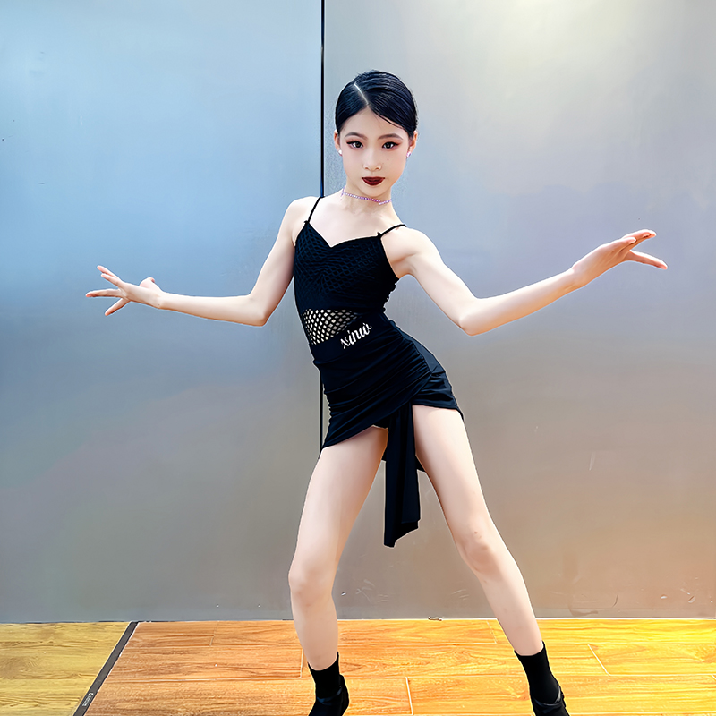 xinw女童拉丁舞练习服演出服24年夏季新款表演少儿吊带网格舞蹈服
