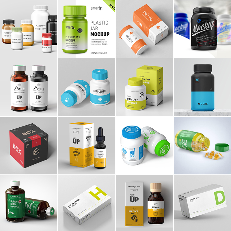 医疗保健药品玻璃瓶子包装纸盒效果展示智能贴图样机PSD设计素材