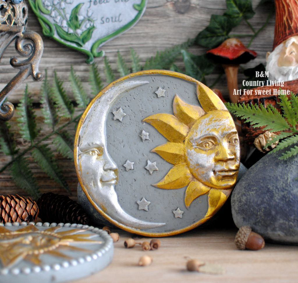 购一对包邮美式复古做旧太阳月亮神花园装饰品小号水泥挂件摆件